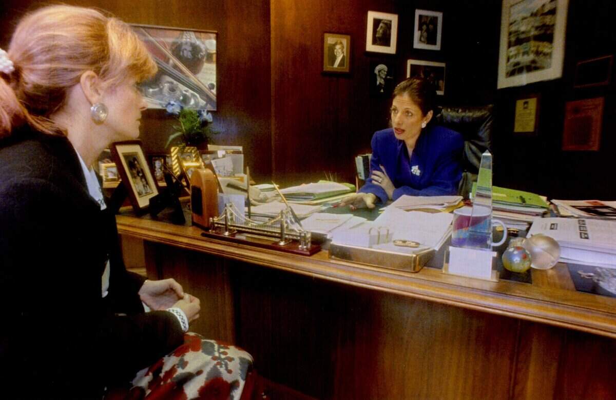 Assemblywoman Jackie Speier talks in her office about the details of some legislation with legislative assistant Anne Marie Shanks on Jan. 28, 1993.