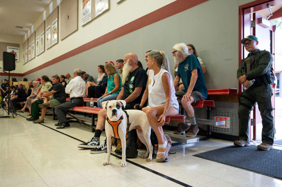 Chelle Stephens sits with her dogs after evacuating her home in Swansboro as she and other concerned residents attend a Crozier Fire town hall meeting at Sutter’s Mill School in Placerville on Sunday.