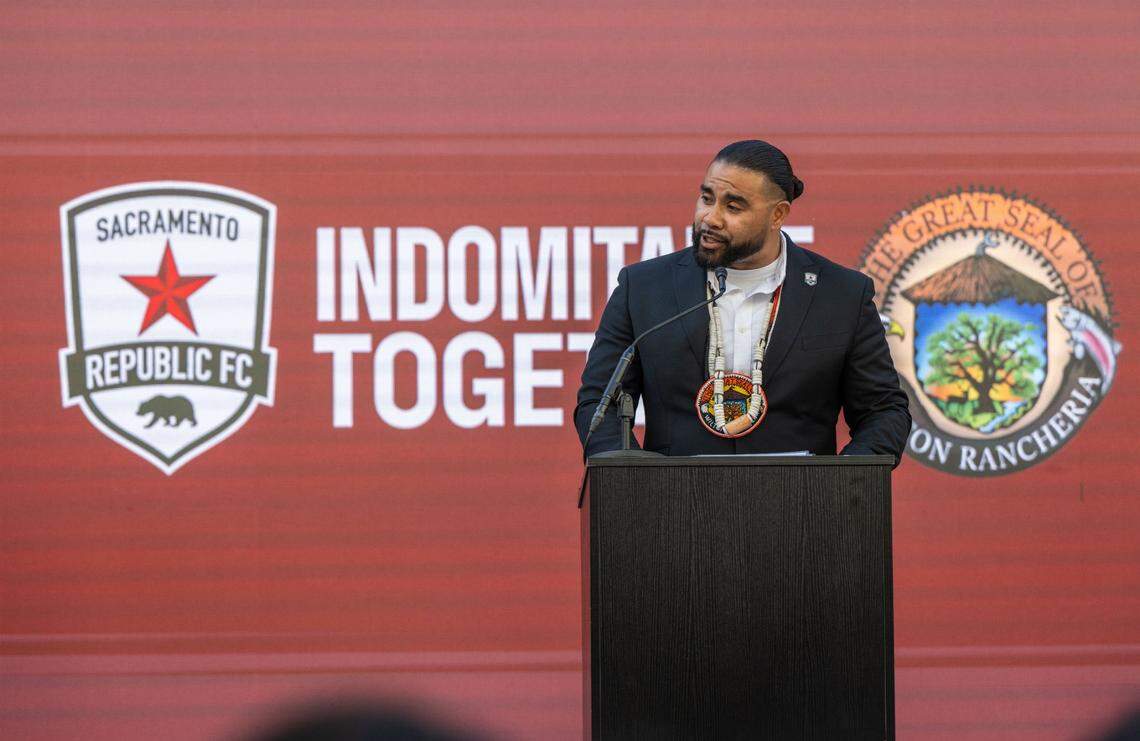 Wilton Rancheria Chairman Jesus Tarango speaks on Thursday about his tribe being the first North American tribe to be the majority owner of a men’s professional sports team after taking over majority ownership of Sacramento Republic FC.