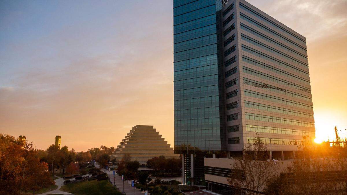 The California State Teachers Retirement System, or CalSTRS, headquarters on Waterfront Place in West Sacramento is seen at right in a drone photo Dec. 5, 2020.