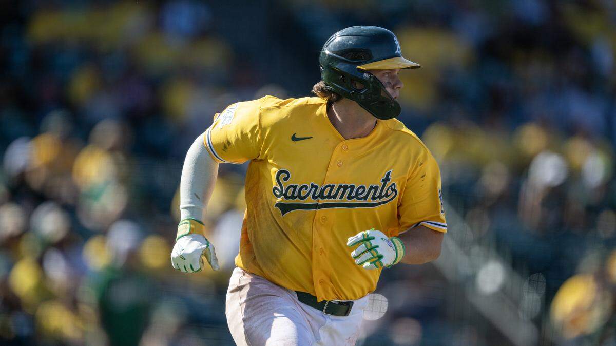 Athletics batter Nick Kurtz (singles in the eighth inning against the Houston Astros on Saturday, April 4, at Sutter Health Park in West Sacramento.