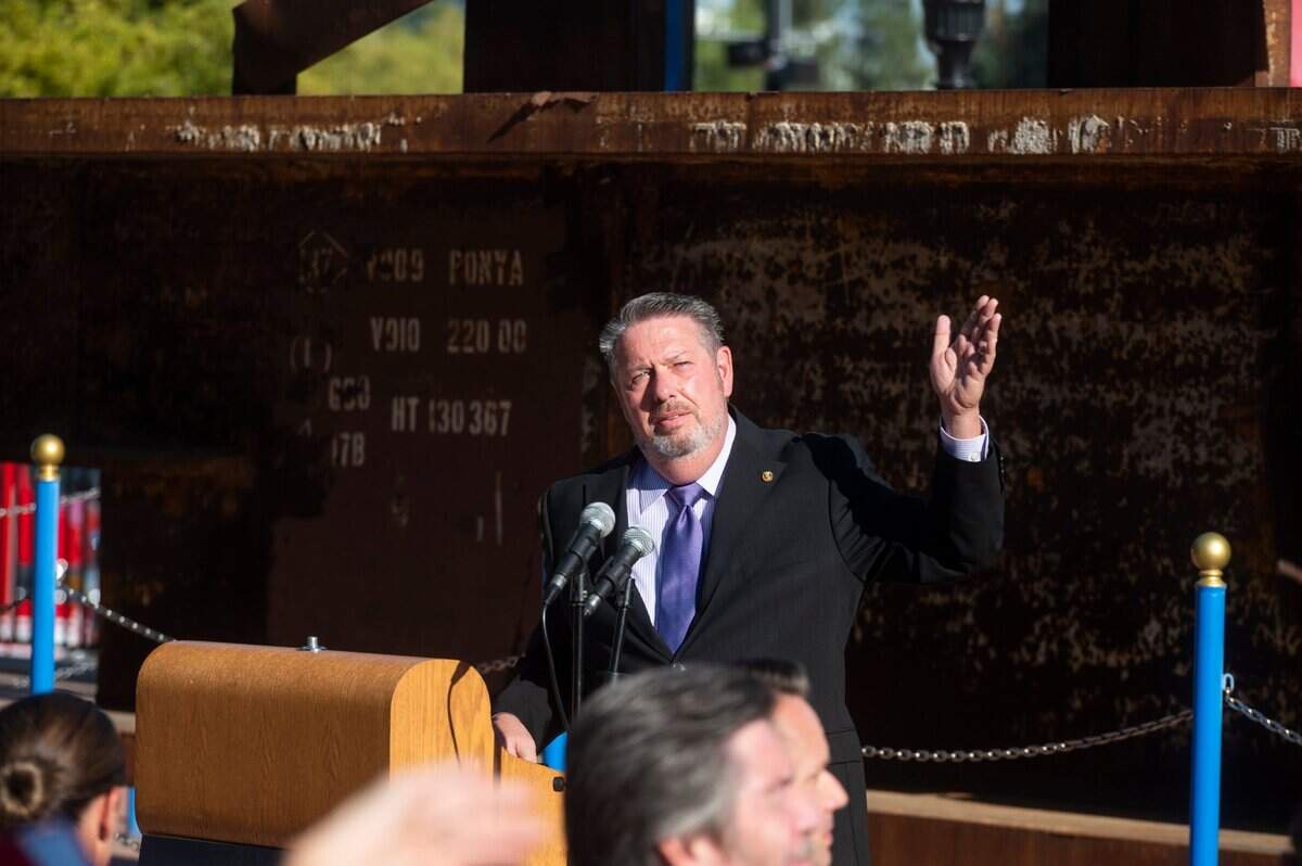 Cal Expo CEO Rick Pickering describes the features of September 11 Memorial Plaza at Cal Expo during the 9/11 memorial ceremony held on Saturday, Sept. 11, 2021, the 20th anniversary of the attacks.