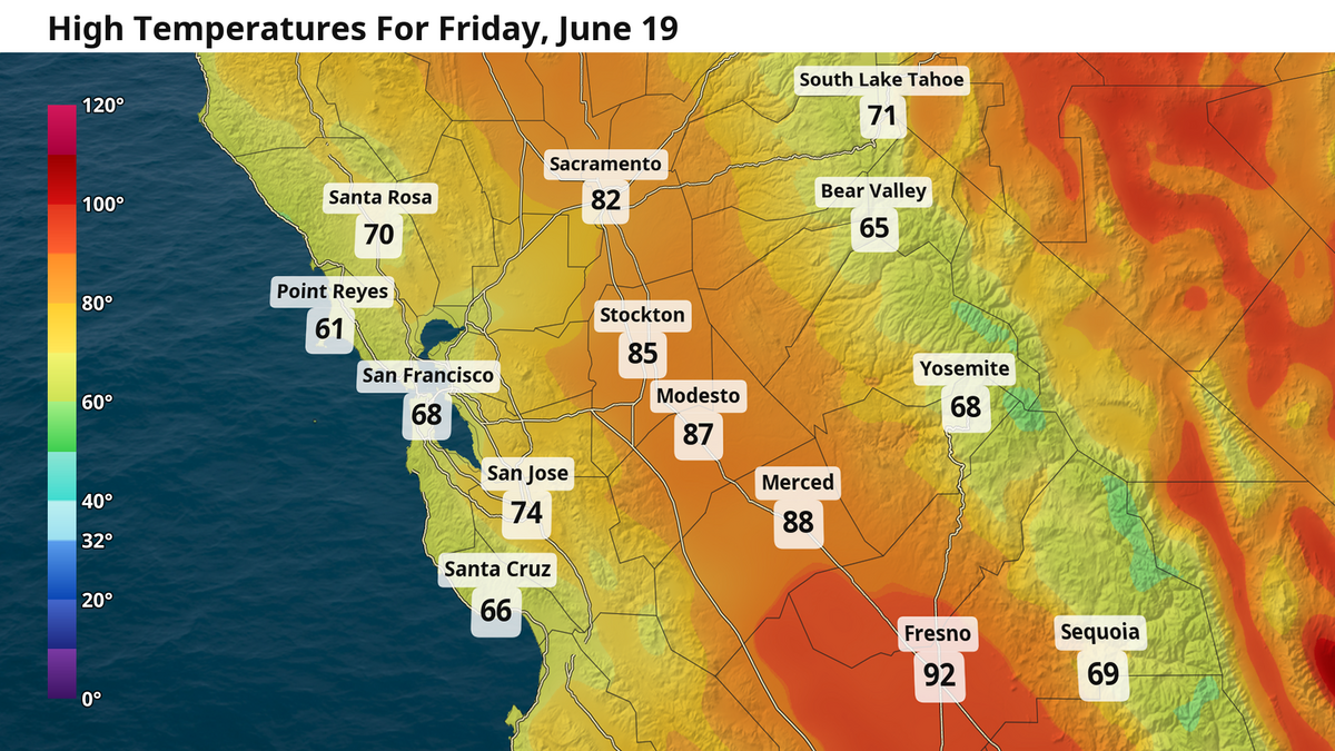 Forecast high temperatures for Friday, June 19th