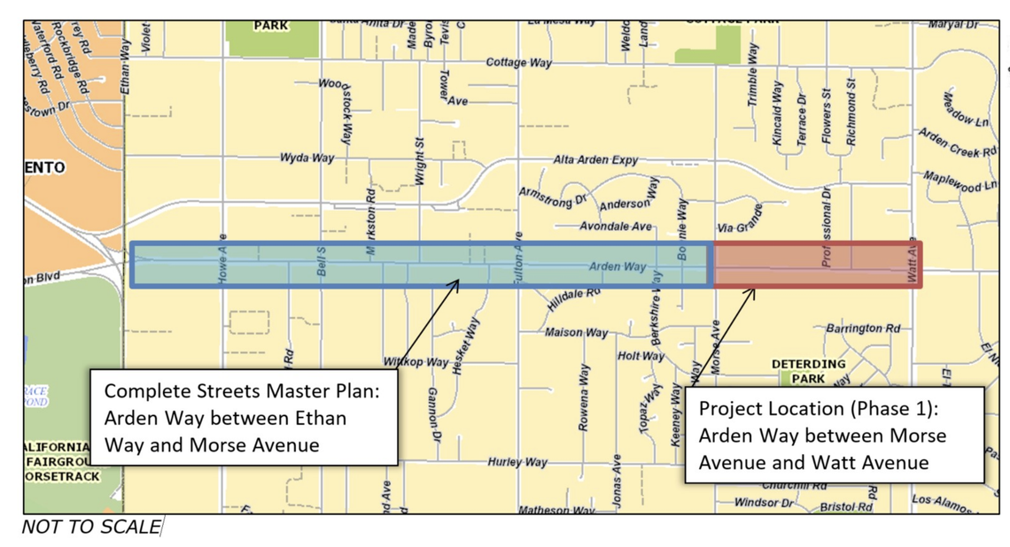 A diagram of where Sacramento County is redeveloping Arden Way with a Complete Streets Master Plan. Phase 1 of construction is underway and will continue through 2025.