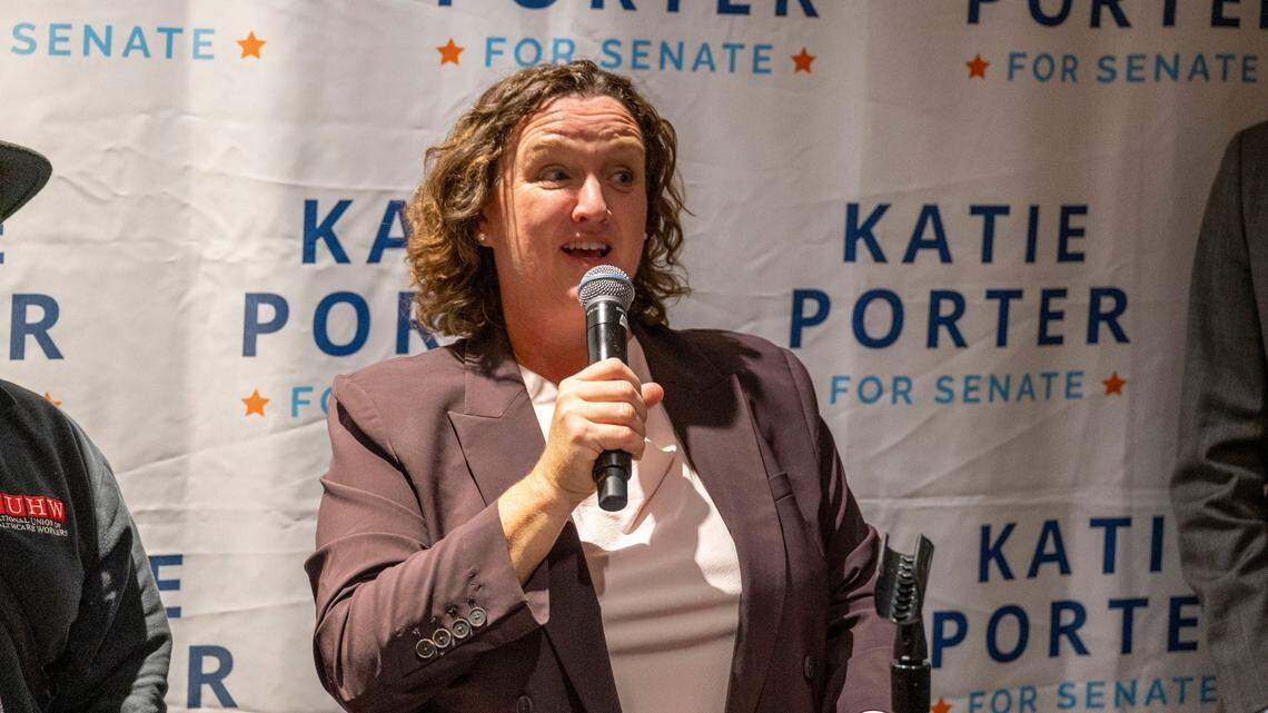 Rep. Katie Porter, who is running for U.S. Senate, talks to supporters during her Recipe for Change party at the California Democratic Party state endorsing convention on Friday, Nov. 17, 2023, at SAFE Credit Union Convention Center in Sacramento.