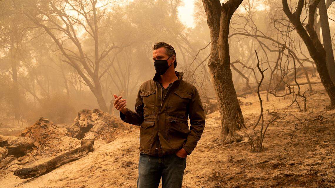 Gov. Gavin Newsom tours the North Complex Fire zone in Butte County on Friday, Sep 11, 2020, outside of Oroville.
