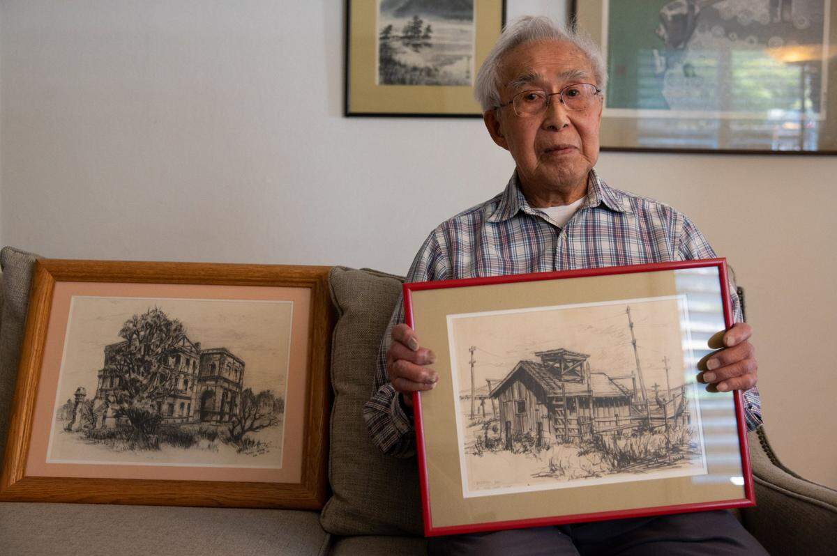 Army veteran Masao “Tom” Inada, 100, drew this sketch of the Tule Lake War Relocation Center where he was taken at the beginning of World War II from Sacramento’s Japantown, where his father owned a fish market. Inada served in the Military Intelligence Service during the war and was stationed in Tokyo to translate documents.