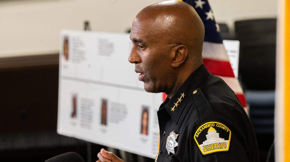 Sacramento County Sheriff Jim Cooper speaks at a press conference Wednesday, Sept. 27, 2023 about the arrest of Zareonna Harris, a medical assistant assigned to the Main Jail. She is one of six people arrested for their involvement in an operation to smuggle drugs into the jail in exchange for money.