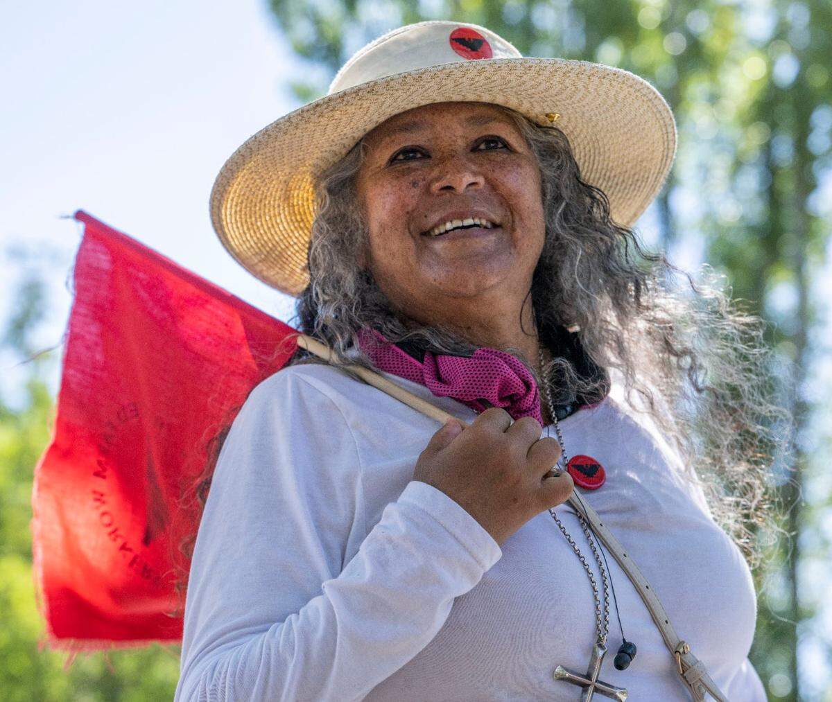 UFW president Teresa Romero arrives at a rest spot near Galt with supporters of the United Farm Workers Union in 2022 during a 24-day, 335-mile march to the Capitol.