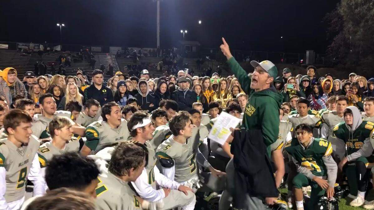 Placer coach Joey Montoya talks to his second-seeded Hillmen after they earned a spot in the Divsion III championship game.
