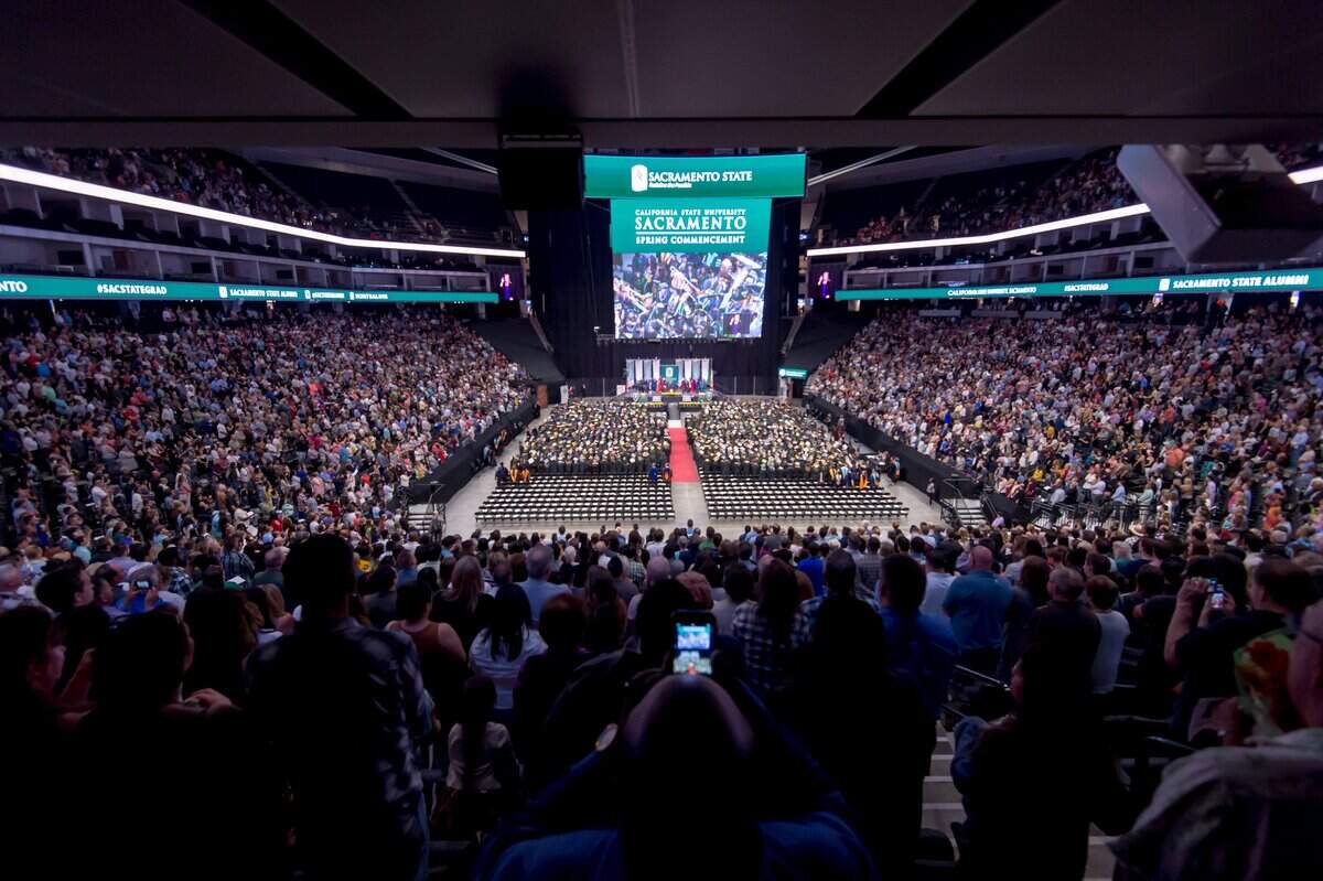 The Sacramento State graduation ceremony at Golden 1 Center in 2017. After a two-year hiatus, the university announced in-person ceremonies are planned for May 2022.