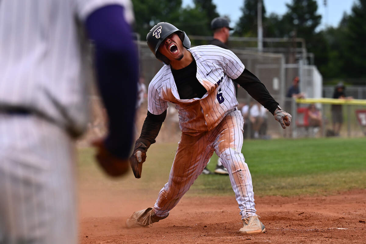 Franklin’s Andrew Flores (6) reacts after scoring at home plate against Archbishop Mitty in the third inning of their CIF NorCal Division II championship game at Franklin High School in Elk Grove on Saturday.