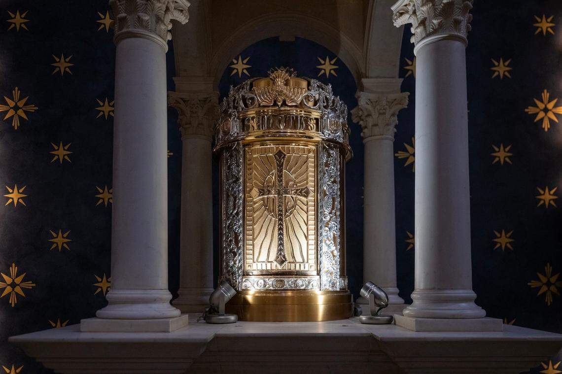 During the renovation of 1939, the bishop of the Cathedral of the Blessed Sacrament in downtown Sacramento was at a conference the Philippines, and saw the tabernacle in the Manilla cathedral. He commissioned an exact replica, plated with gold and silver. The tabernacle is decorated with symbols of the Eucharist and resides at the east end of the church.