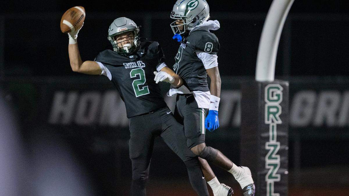 The Granite Bay Grizzlies’ Joseph “JoJo” Cattolico (2) celebrates with Darnell Turner Jr. (8) after scoring in the first half of a November playoff game in Granite Bay. Cattolico will play for the North team in the annual Optimist All-Star Classic charity game this Saturday at Granite Bay.