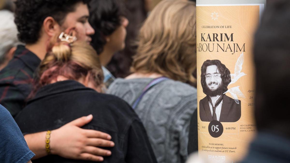 UC Davis students and community members console each other during the Celebration of Life for Karim Abou Najm on Friday, May 5, 2023, at the UC Davis International Center on campus. Najm, a UC Davis senior and son of a professor, was fatally stabbed in Sycamore Park in Davis.