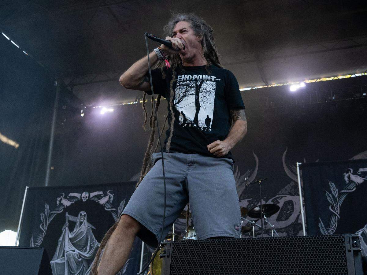 Lead vocalist Brian Fair performs with Boston metalcore band Shadows Fall at the Aftershock festival in Sacramento’s Discovery Park on Sunday.