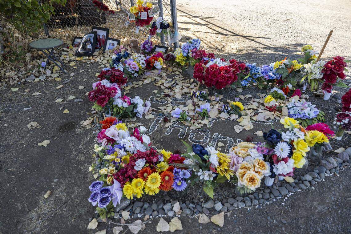 A shrine devoted to victims of the Esparto fireworks explosion, created just outside the mandatory evacuation area created for the disaster, still stands on Thursday.