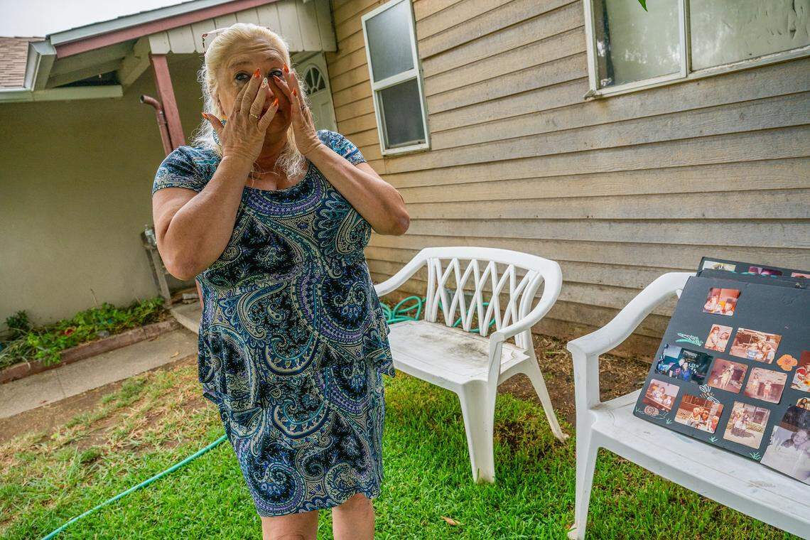 Tears stream down the face of Rytina Heyne in October as she recalls when her sister, Candyce Dysinger, 51, died of a drug overdose in a sleeping cabin at the county’s Florin Road Safe Stay Shelter on Dec. 26, 2024. “I miss her every day, and I wish her life could have been better,” Heyne said.