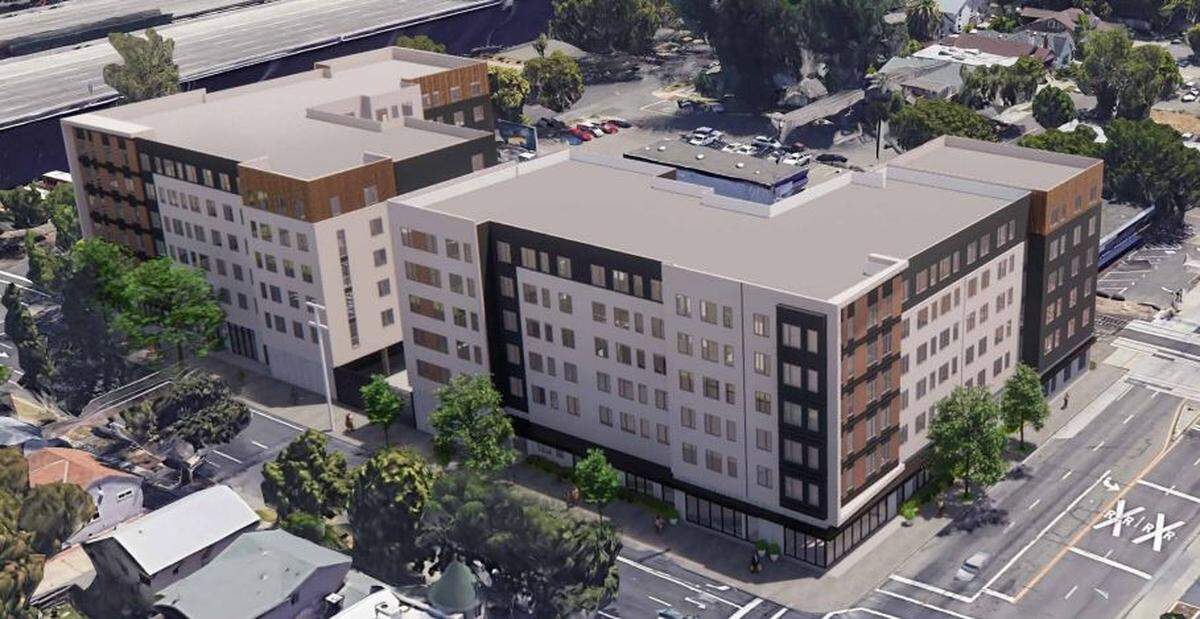 A rendering of a planned development at 1901 Broadway in Sacramento for a mixed-use residential building called “On Broadway Apartments.”
