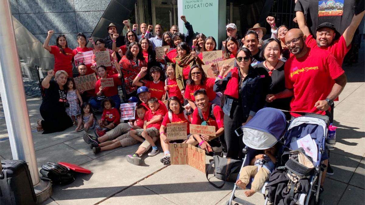 FILE -- Members of the Save CA Ethnic Studies group outside of the California Department of Education. The group, which includes several members of Ethnic Studies Model Curriculum Advisory Committee spoke in favor of the state using the existing curriculum draft and revising it.