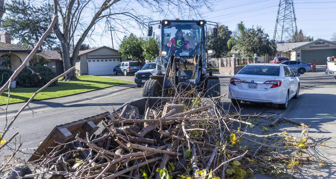 Marie Raymond, a city of Sacramento Claw operator, collects a pile of branches in South Natomas on Jan. 9.