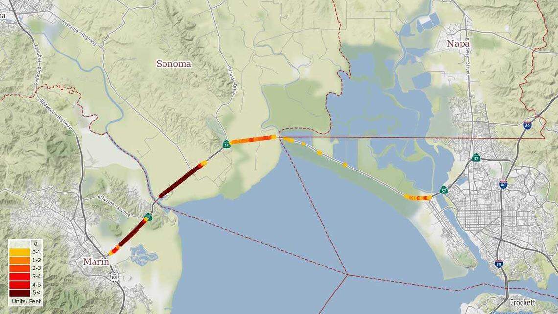A visualization from the UC Davis Road Ecology Center shows projected flooding along Highway 37 during a 100-year coastal storm event. Caltrans documents dating back a decade warned that portions of the highway could flood during extreme storms, even without sea level rise.