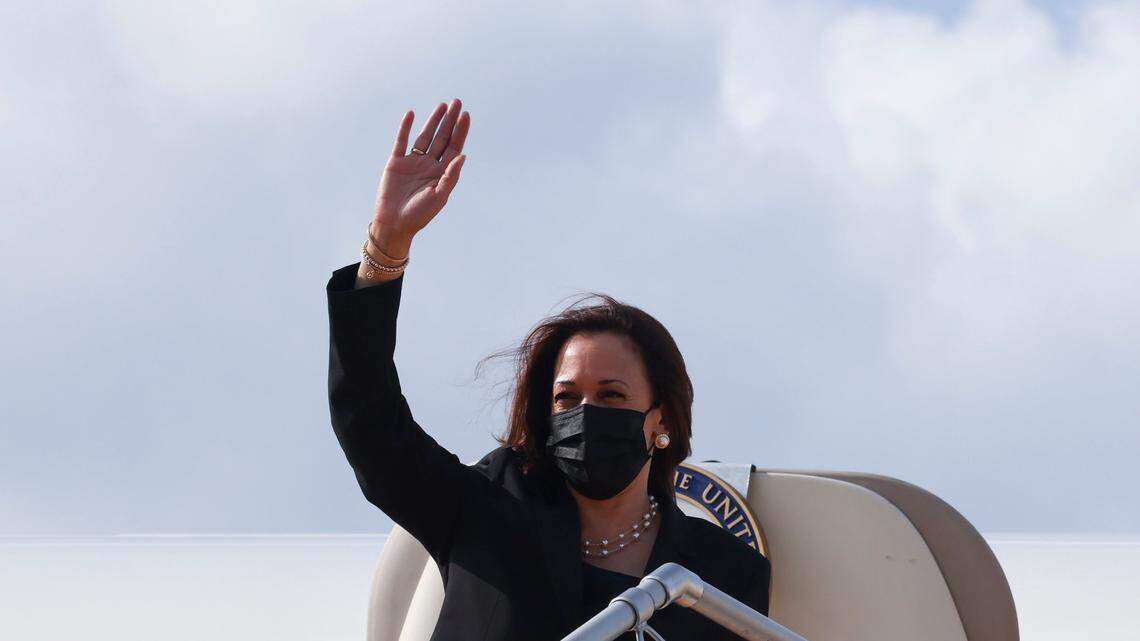 U.S. Vice President Kamala Harris waves as she boards Air Force Two as she departs Vietnam at Noi Bai International airport, following her first official trip to Asia, in Hanoi, Vietnam, Thursday, Aug. 26, 2021. (Evelyn Hockstein/Pool Photo via AP)