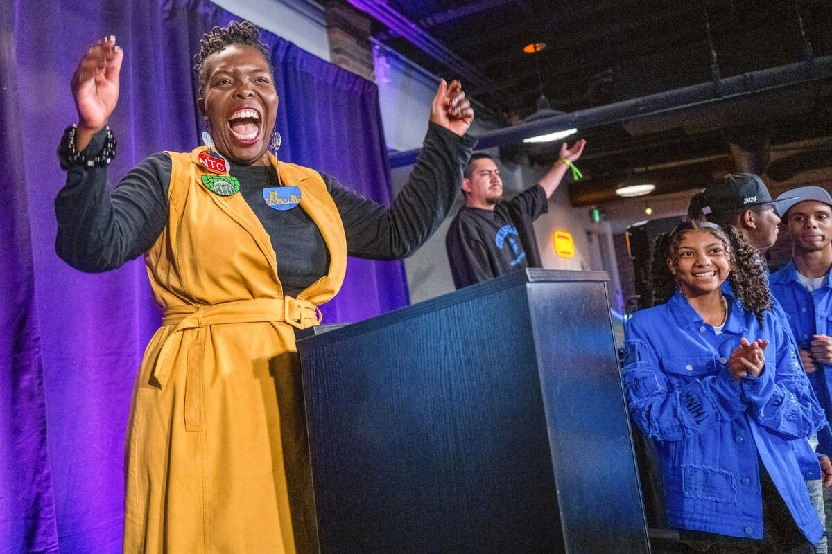 Sacramento mayoral candidate Flojaune Cofer thanks supporters during an Election Night party at Tipsy Putt in downtown Sacramento on Tuesday.