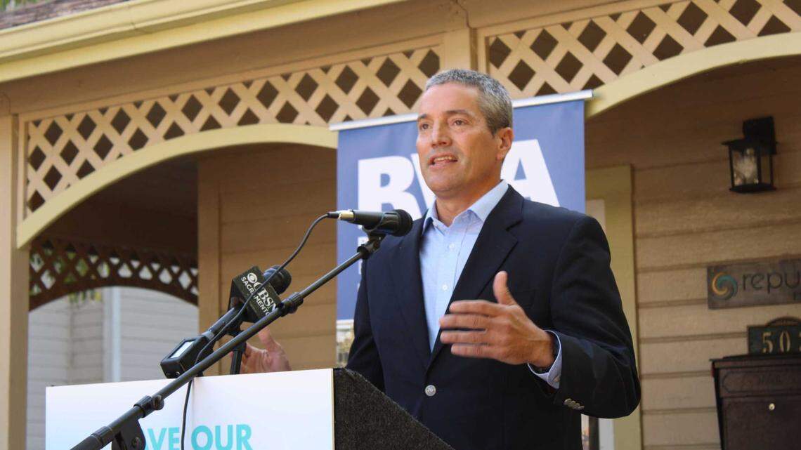 California Secretary of Natural Resources Wade Crowfoot speaks in front of Republix Insurance in Folsom on Oct. 20, 2022. Crowfoot said that he is encouraged by increased conservation among so many in Folsom as California heads into a fourth year of drought.