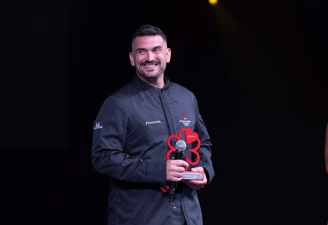 Chris Barnum-Dann of Localis receives the Michelin Sommelier Award at the Michelin Guide California 2025 Ceremony on Wednesday at the SAFE Credit Union Performing Arts Center.