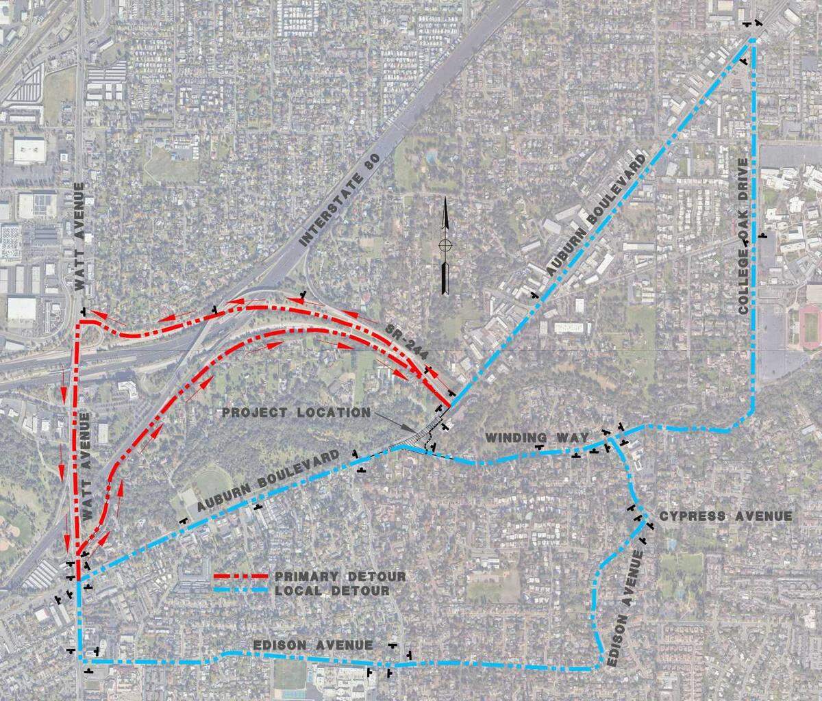 Proposed detours around road closures for the upcoming closures along Auburn Boulevard.