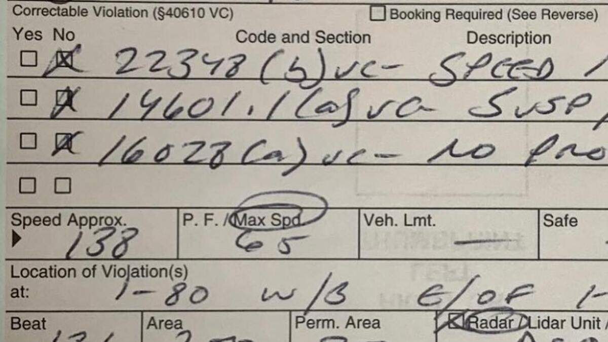 A California Highway Patrol officer clocked a West Sacramento man driving 138 mph on westbound Interstate 80 near Interstate 5 in Sacramento on Saturday, January 29, 2022.