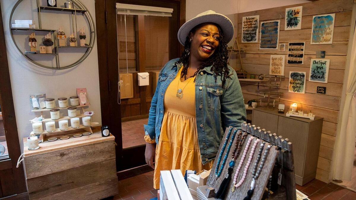 Lei Green’s Bohemian Aesthetic Atelier store located in the Old Sacramento Waterfront District is full of spa-like smells on Monday, Nov 23, 2020. Green said she starting selling products like bath salts and soy candles so her clients could bring a little bit of her salon home with them since they couldn’t visit for a while during the coronavirus.