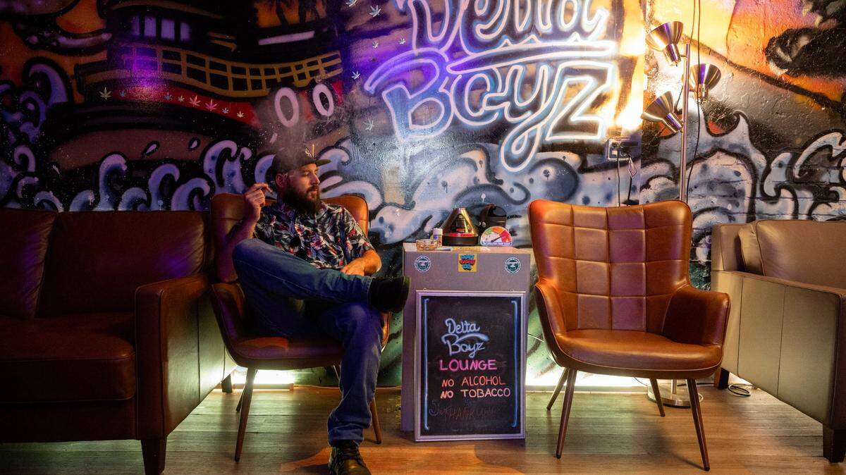 Customer Vince Purdue smokes cannabis in the Delta Boyz dispensary and consumption lounge in Isleton on Friday, May 24, 2024. Delta Boys has the only cannabis consumption lounge in Sacramento County.