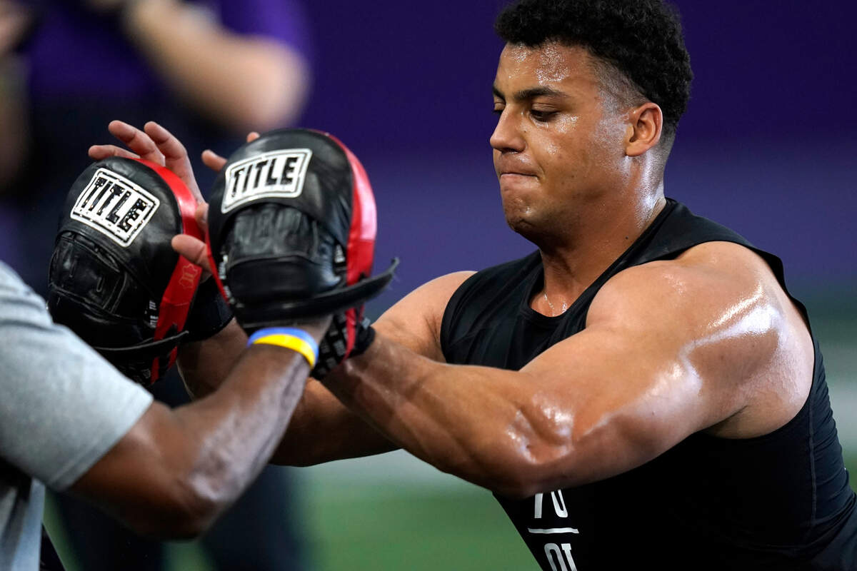 Northwestern offensive lineman Rashawn Slater participates in the college’s Pro Day for NFL scouts Tuesday in Evanston, Ill.