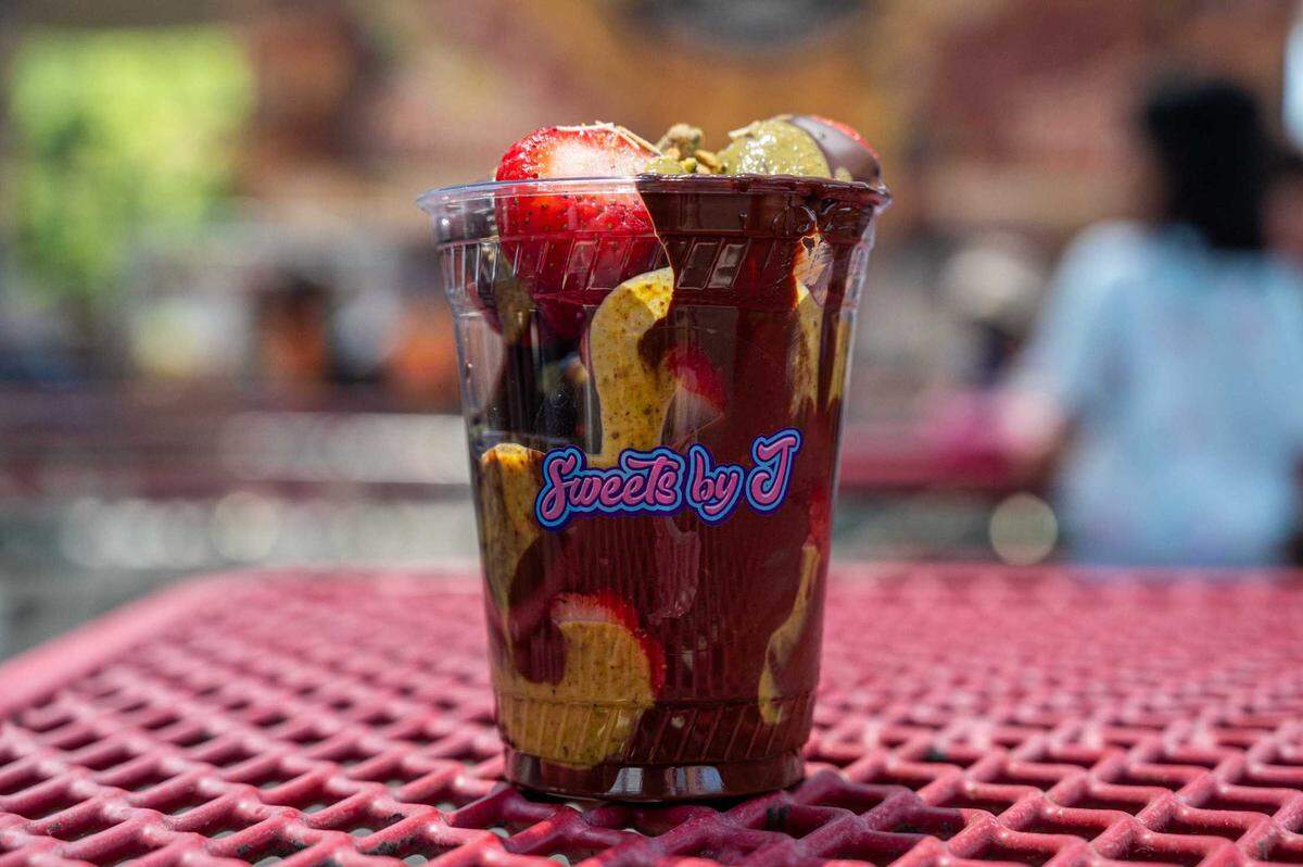 The Dubai chocolate strawberry cup is available from Sweets by J at the California State Fair on Friday. The cup is full of strawberries drizzled in warm chocolate and pistachio cream.