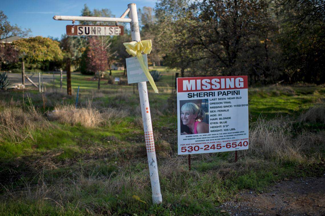 A missing sign for Sherri Papini stands on Sunrise Drive in Mountain Gate in November 2016, near the location where the mother of two was believed to have been abducted.