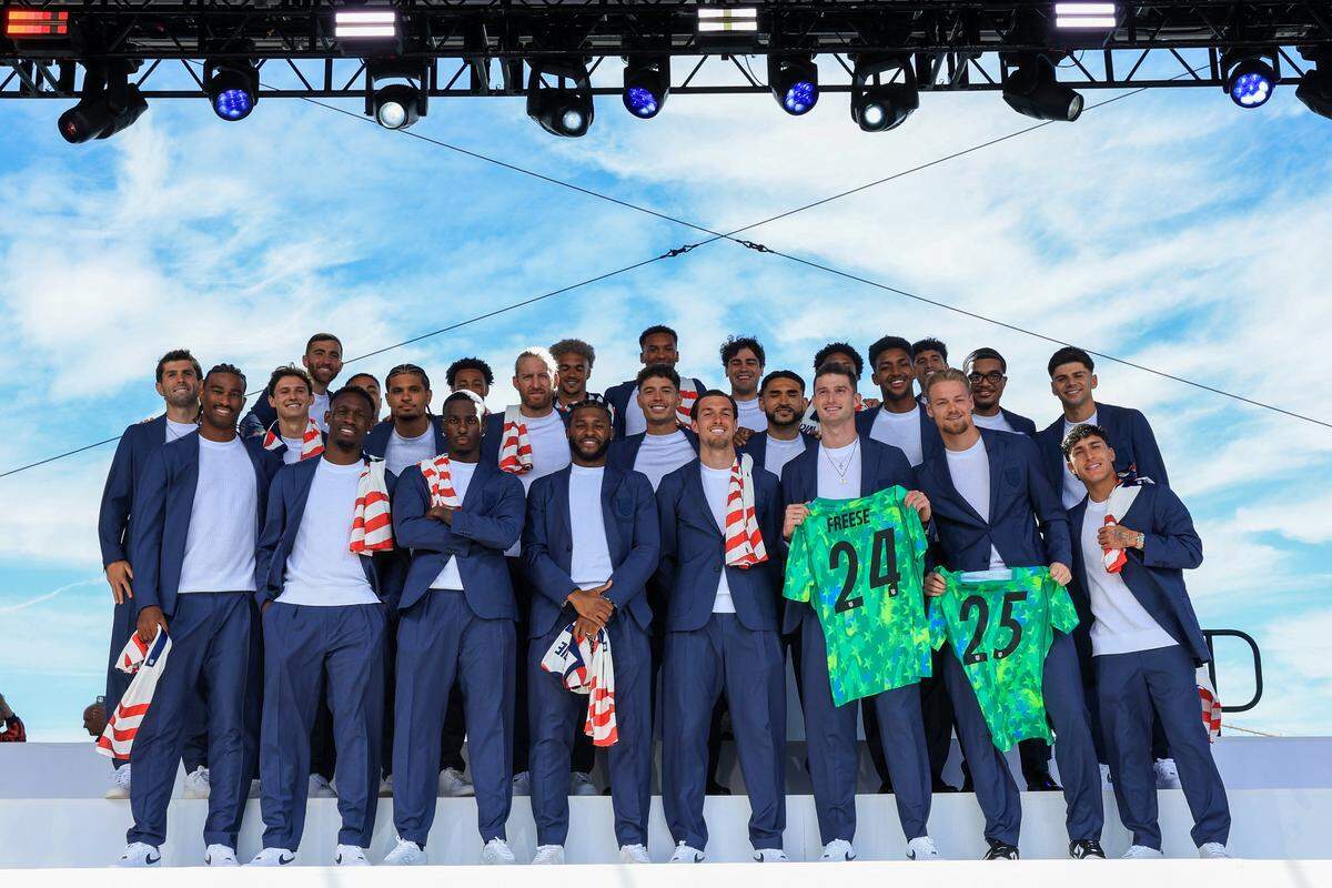 The US Men's National Team’s poses during the announcement of the USMNT 2026 World Cup roster in New York on Tuesday.