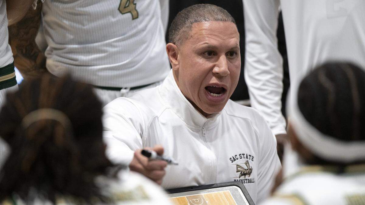 Sacramento State coach Mike Bibby talks to his players during a timeout during a game between Sac State and Presbyterian at Hornet Pavilion in Sacramento on Sunday, Nov. 16. Bibby on Saturday saw his Hornets defeat Northern Colorado 93-80 in overtime.