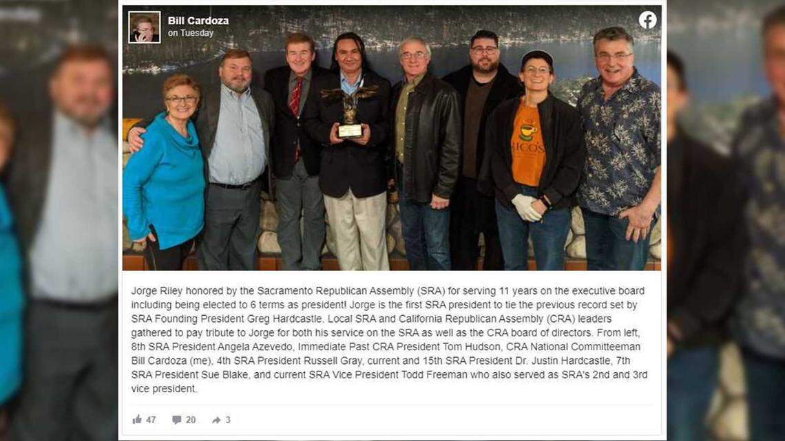 In a Facebook post created Tuesday, March 9, 2021, by California Republican Assembly national committeeman Bill Cardoza, Capitol riot suspect Jorge Riley, center, is seen being honored with an award for his service to the Sacramento Republican Assembly. The post came two months after Riley was allegedly involved with the insurrection in Washington, D.C., in which he has been charged.