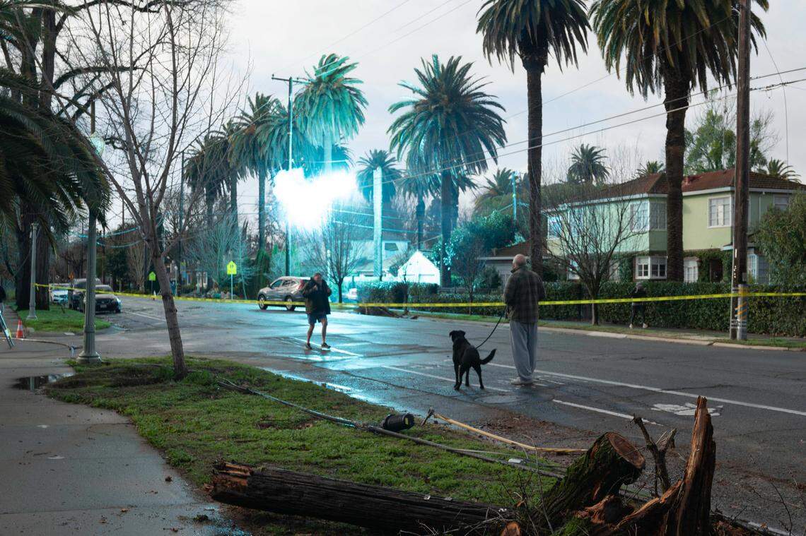 An electrical transformer explodes on Riverside Boulevard in Sacramento on Sunday as high winds and falling trees disrupted the power grid across the Sacramento region.