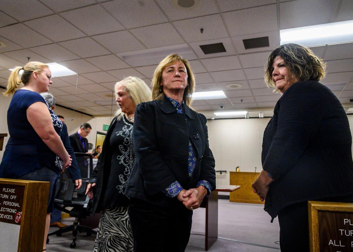 Guiding Hands School administrator Cindy Keller, at right, principal Starranne Meyers, center, and teacher Kimberly Wohlwend, far left, appear in El Dorado Superior Court in Placerville on Nov. 13, 2019. The three women agreed earlier this month to plead no contest to a charge of child endangerment in connection with the 2018 death of 13-year-old Max Benson at Guiding Hands. They are scheduled to be sentenced June 16.
