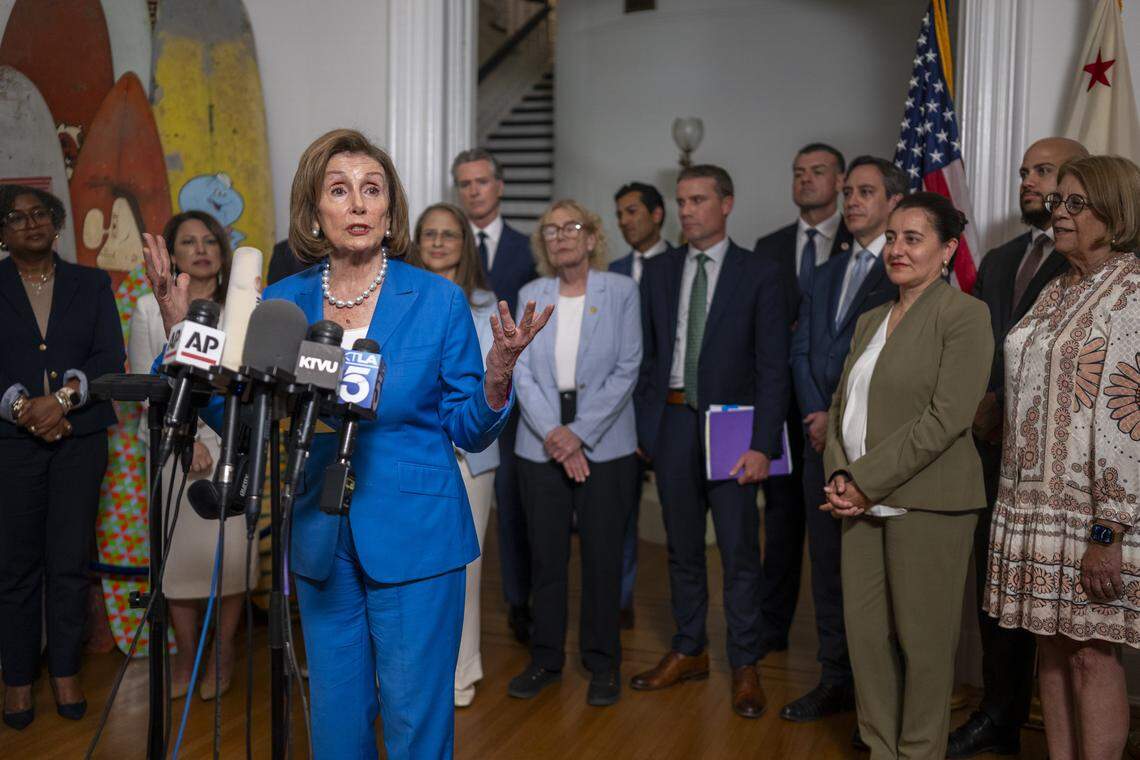 House Speaker Emerita Nancy Pelosi, D-San Francisco, delivers remarks during a news conference on redistricting at the Governor's Mansion in downtown Sacramento on Friday. California legislative leaders met with Texas Democratic lawmakers about Republican plans to redistrict.