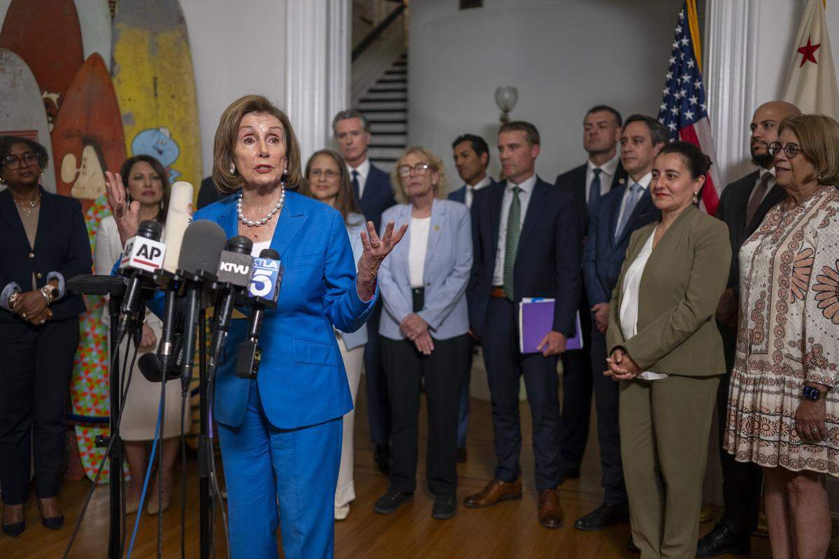 House Speaker Emerita Nancy Pelosi, D-San Francisco, delivers remarks during a news conference on redistricting at the Governor's Mansion in downtown Sacramento on Friday. California legislative leaders met with Texas Democratic lawmakers about Republican plans to redistrict.