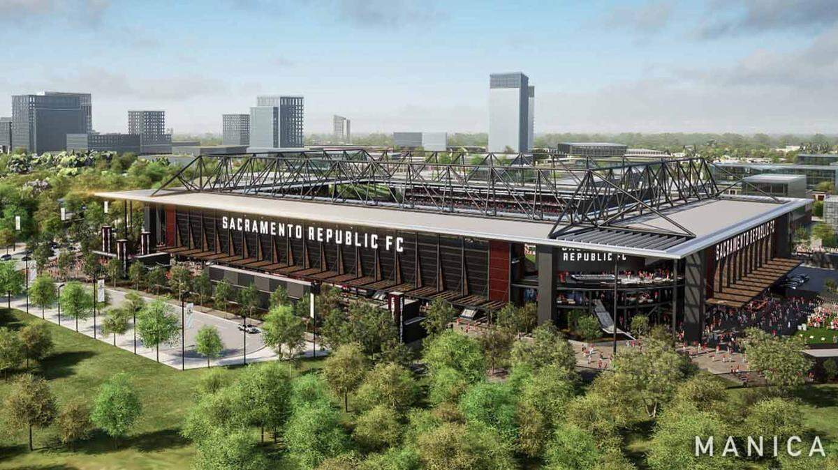 A rendering shows the planned Republic FC stadium in the Sacramento Railyards. 