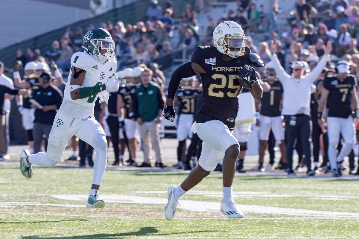 Sacramento State Hornets running back Elijah Tau-Tolliver (25) runs the ball for a 34-yard touchdown in the first half of the NCAA football game at Hornet Stadium on Saturday, Nov. 11, 2023.