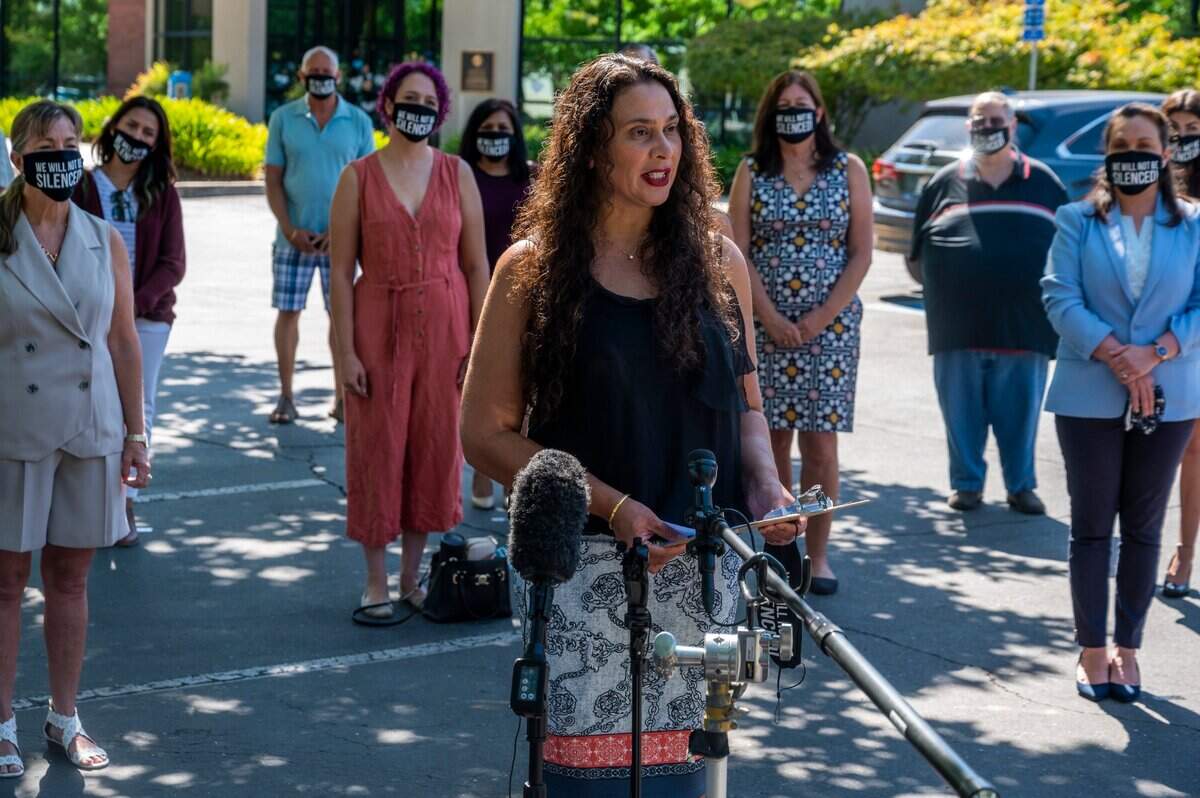 Mayoral candidate and Elk Grove school board member Bobbie Singh-Allen speaks during a press conference near the Elk Grove City Council Chambers on Wednesday, Aug. 12, 2020. The speakers called for the city council to censure Elk Grove Mayor Steve Ly for a pattern of behavior of harassing and bullying women.