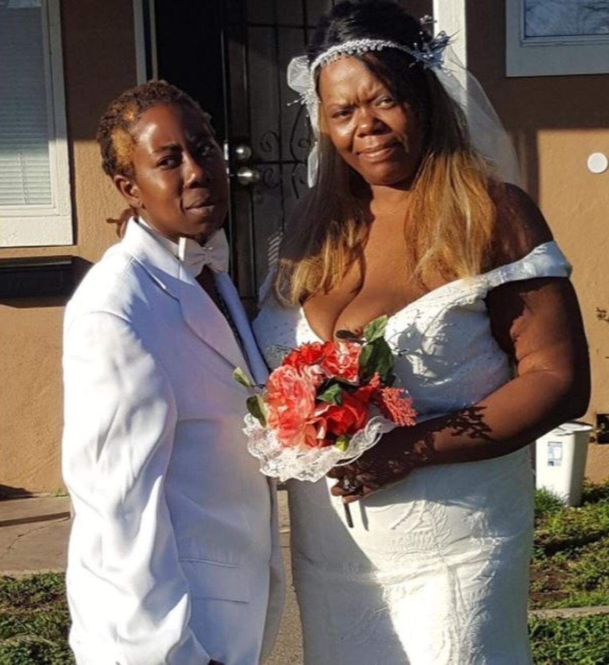 Unhoused women Christine Couisan (left) and Tammy Couisan (right) celebrate their wedding. Christine Couisan died in December, and Tammy Couisan died in March.