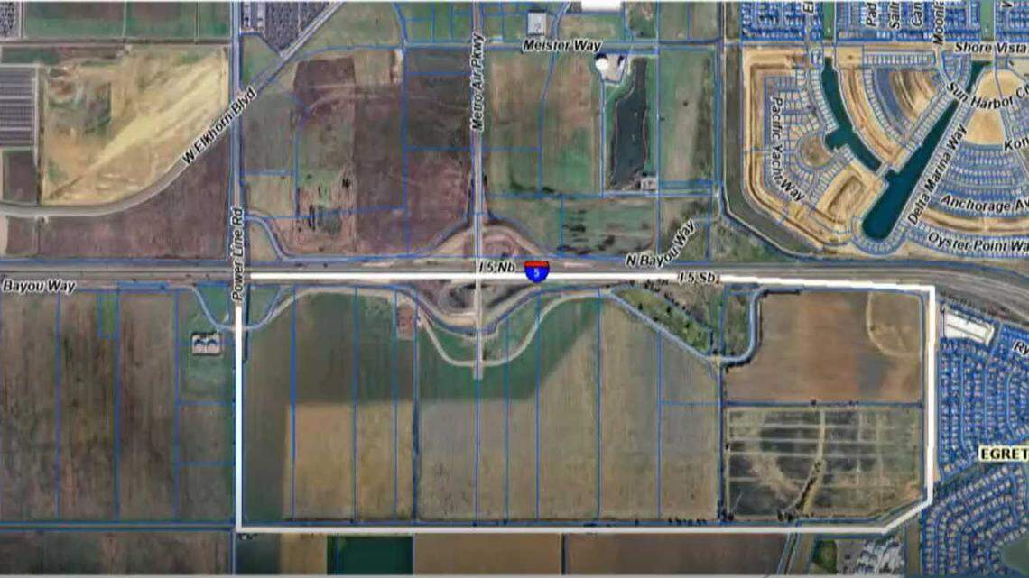 A map of the 472.4 acres of undeveloped agricultural land the Sacramento Local Agency Formation Commission approved to look at building warehouses and other businesses. This map was reviewed by the commission on May 7, 2025 during a public meeting.