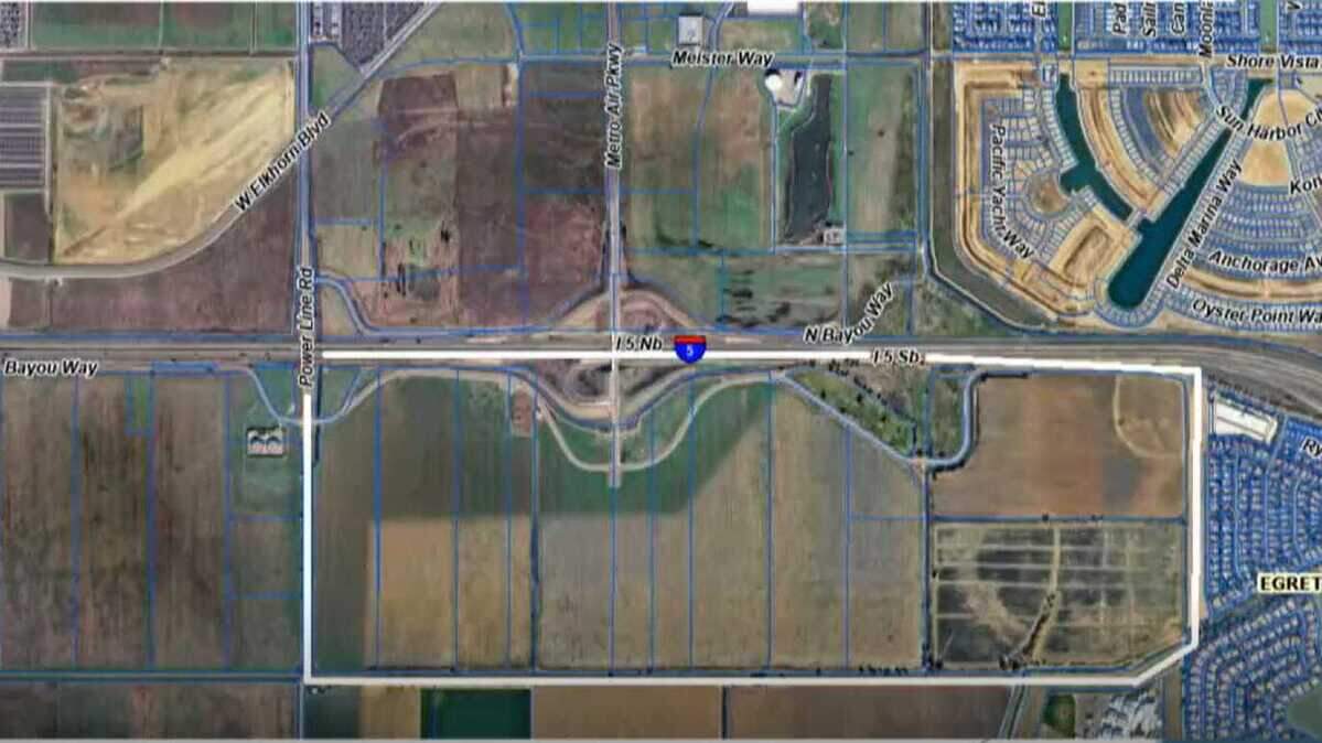 A map of the 472.4 acres of undeveloped agricultural land the Sacramento Local Agency Formation Commission approved to look at building warehouses and other businesses. This map was reviewed by the commission on May 7, 2025 during a public meeting.